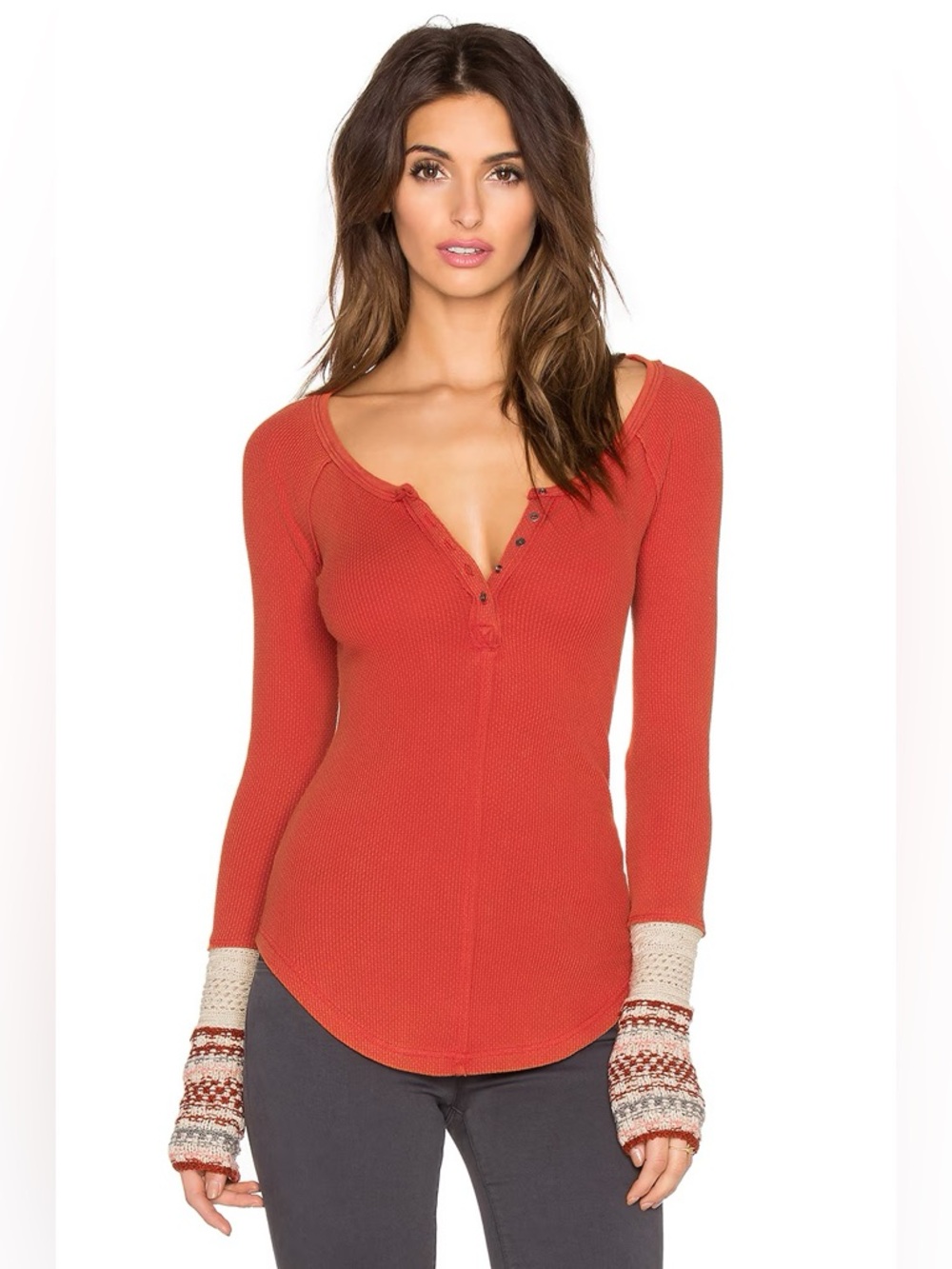 Free People Ski Lodge Thermal Top Crimson Combo Cozy Cuff Blouse Women Size L